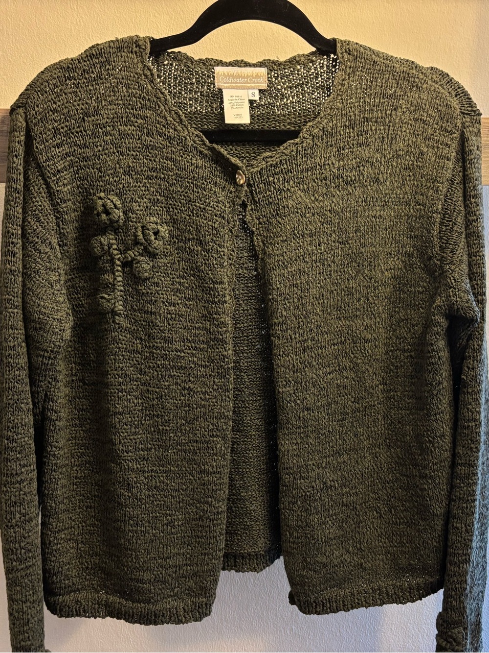 Coldwater Creek Dark Olive Knit Cardigan with Floral Detail